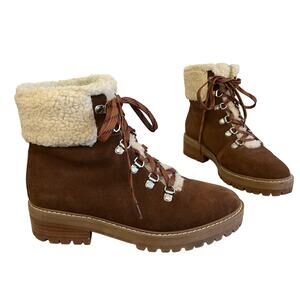 The Fix Mika Suede Shearling Trim Lug Sole Ankle Boots Women 6.5 Tan Winter Hike